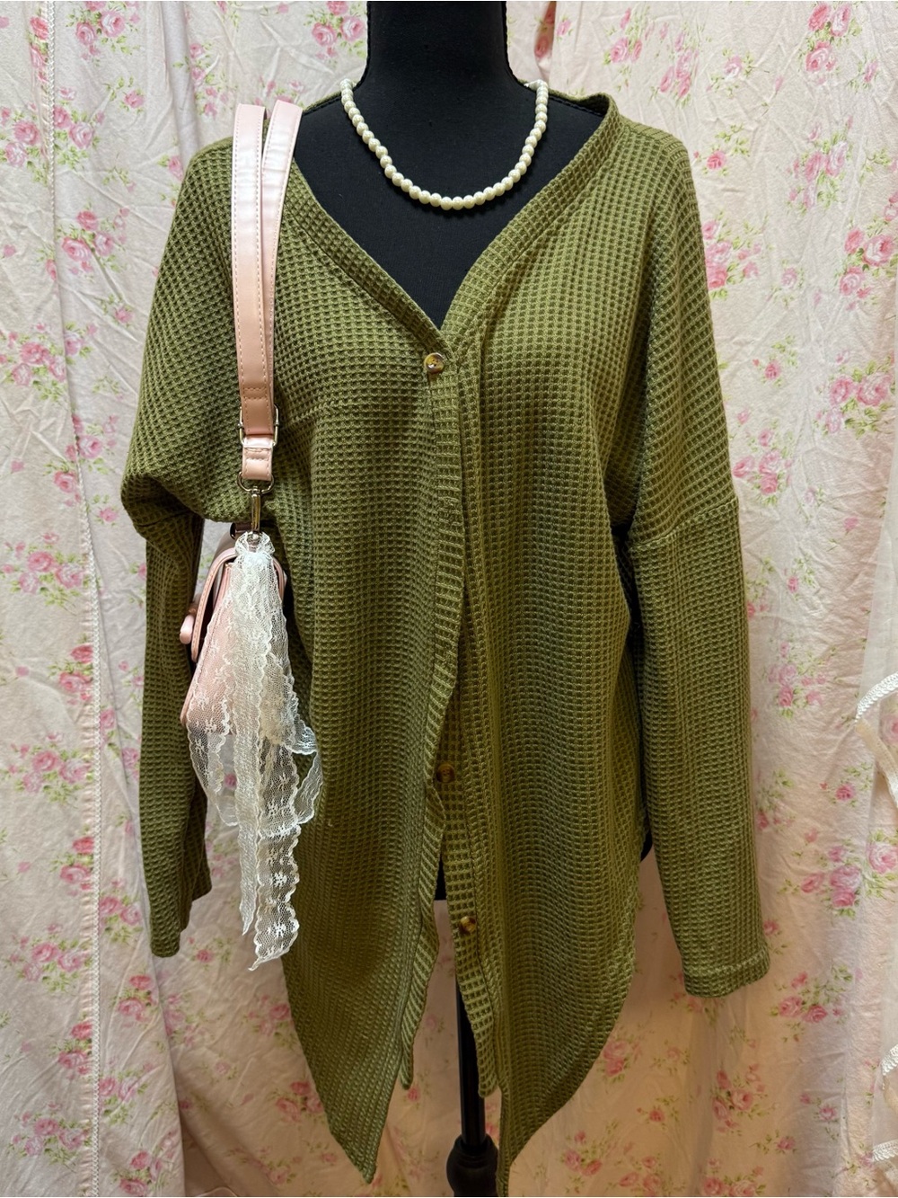Olive Green Waffle Knit Button-Front Women’s Sweater